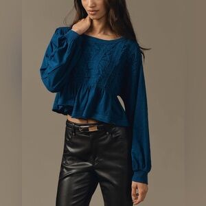 NWT Size S - Anthropologie 100% Cotton Textured Babydoll Top in Blue